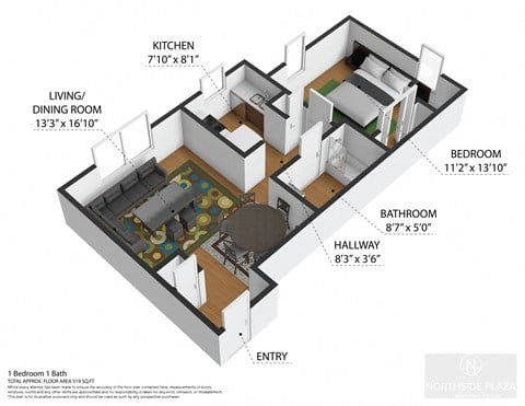 Floor plan for 1 bed, 1 bath, 567 sqft
